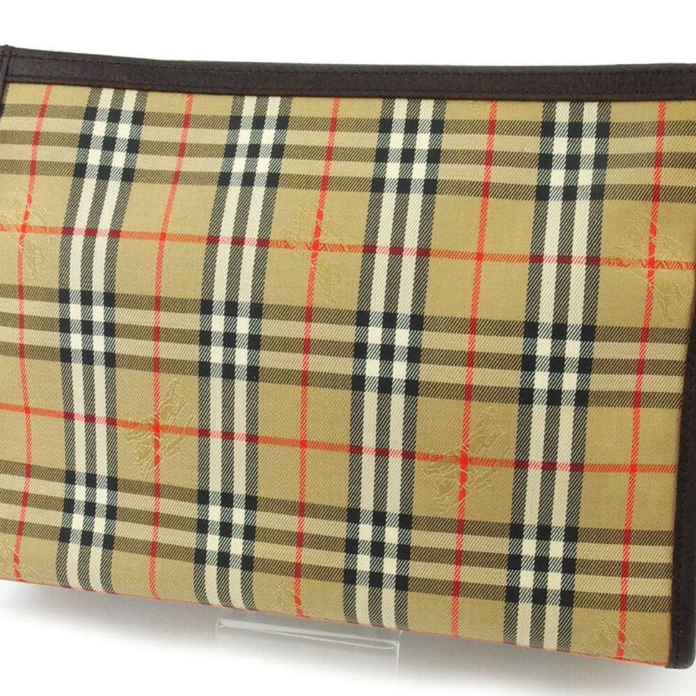 BURBERRY clutch bag check beige canvas �~ leather Auth used - Picture 2 of 8